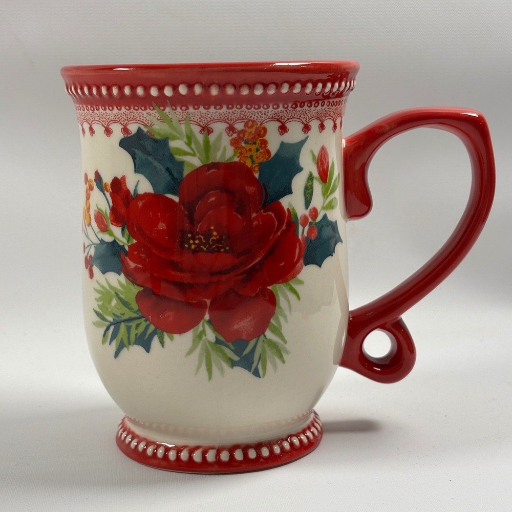 The Pioneer Woman Cheerful Rose Christmas Mug Red Embossed Floral Stoneware